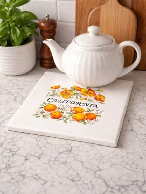 Vintage California Orange & Poppy Ceramic Trivet / Decorative Tile